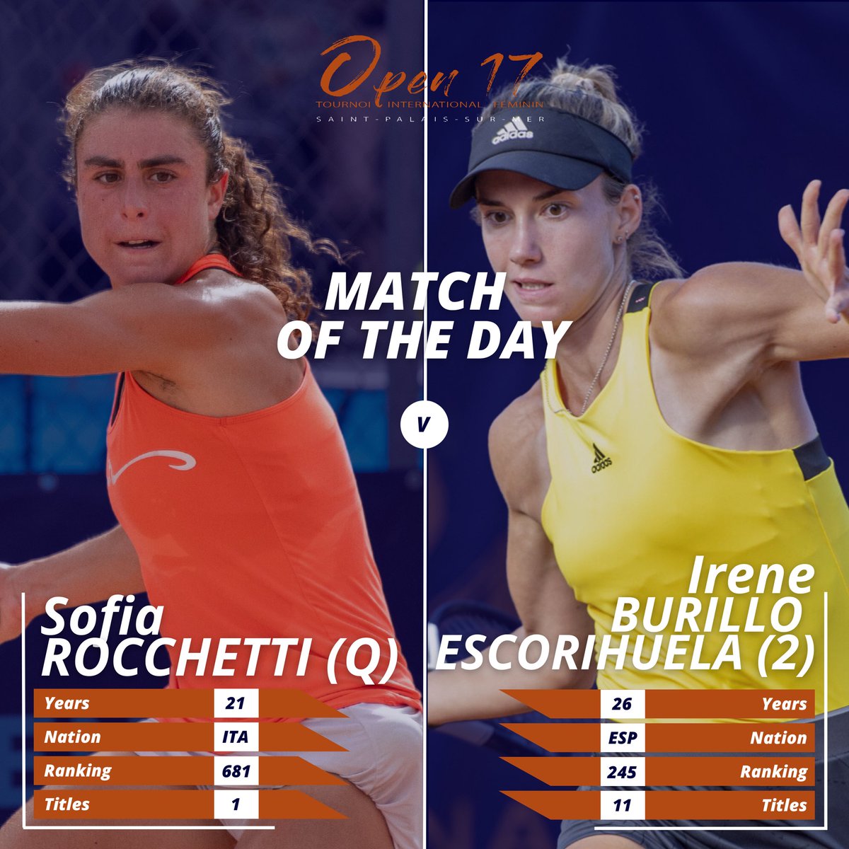 Open17stpalais's tweet photo. 🚨𝙈𝘼𝙏𝘾𝙃 𝙊𝙁 𝙏𝙃𝙀 𝘿𝘼𝙔🚨

🕠Pas avant 17h30
🎾Sofia Rocchetti (N°681) 🆚 Irene Burillo Escorihuela (N°245 WTA)
📍Court central

On vous attends nombreux !💪
📍Saint-Palais-sur-mer

#matchoftheday #tennis #tournoi #open17 #opensaintpalais #tournoi #international https://t.co/7rRUDHHitJ