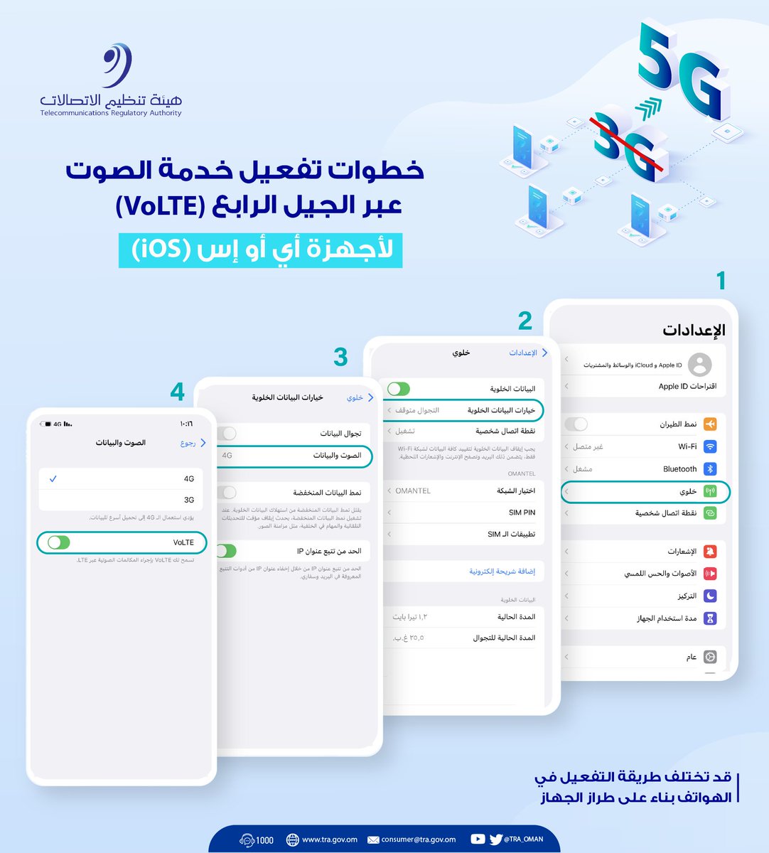 خطوات تفعيل خدمة الصوت عبر الجيل الرابع (VoLTE) لأجهزة أي أو إس (iOS) والأندرويد. 

#بيئة_معززة_لمجتمع_رقمي