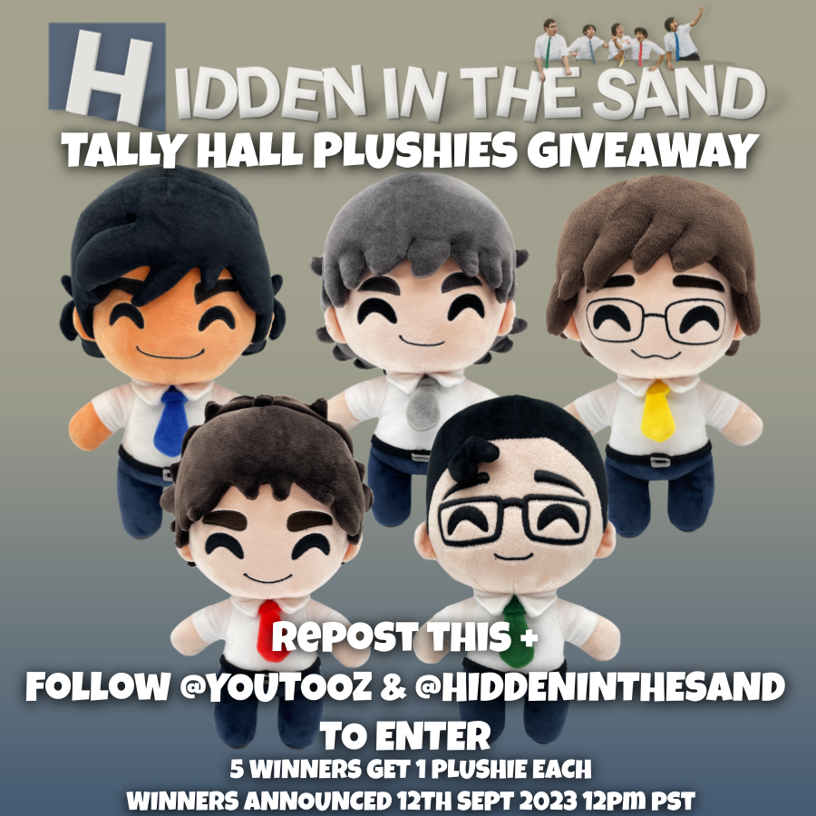 WE'RE DOING OUR OWN TALLY HALL PLUSHIE GIVEAWAY! Repost this + follow @youtooz & @hiddeninthesand to enter 5 winners get 1 plushie each and winners will be announced 12th Sept 2023 at 12pm PST