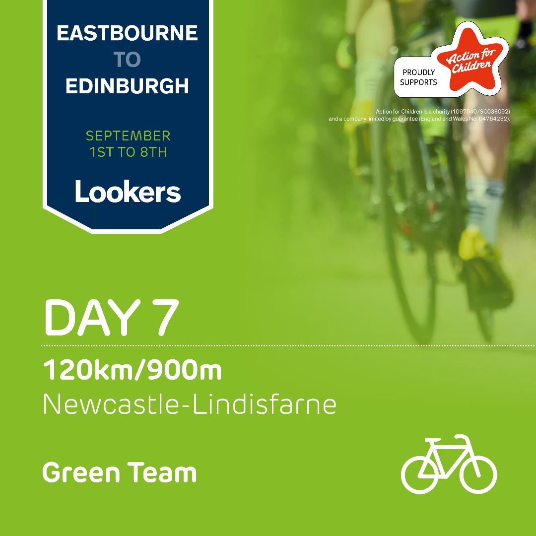 Day Seven: Scandinavian Wind! Newcastle To Lindisfarne 📍 Green Team 🟢 120km ✅ 900m elevation ⛰ We aim to raise £100,000 for Action for Children to support their amazing work with children, young people & their families across the UK. ow.ly/tCNs50PHoZu