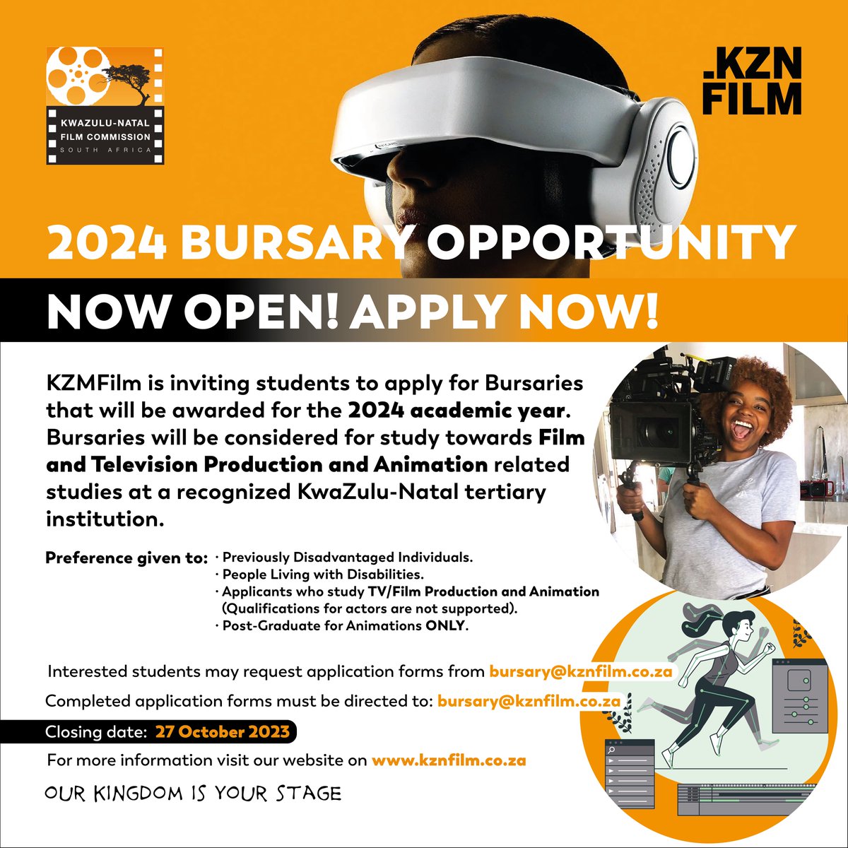 Calling students seeking bursary support to pursue studies in the Film and Television Production and Animation industry. Submit your applications for this year’s bursary call!!!
Visit: shorturl.at/kxUWZ
 #WeAreKZNFilm #KZNFilmCareers