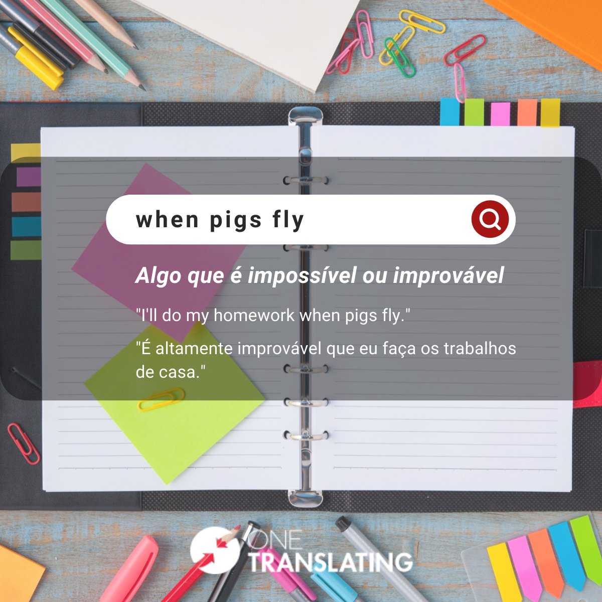OneTranslating's tweet photo. Já tinha ouvido a expressão "when pigs fly"🐷✈️?
Fique a conhecer o seu significado.
#onetranslating #empresadetradução #expressão #inglês https://t.co/ueT5ZvqNdR