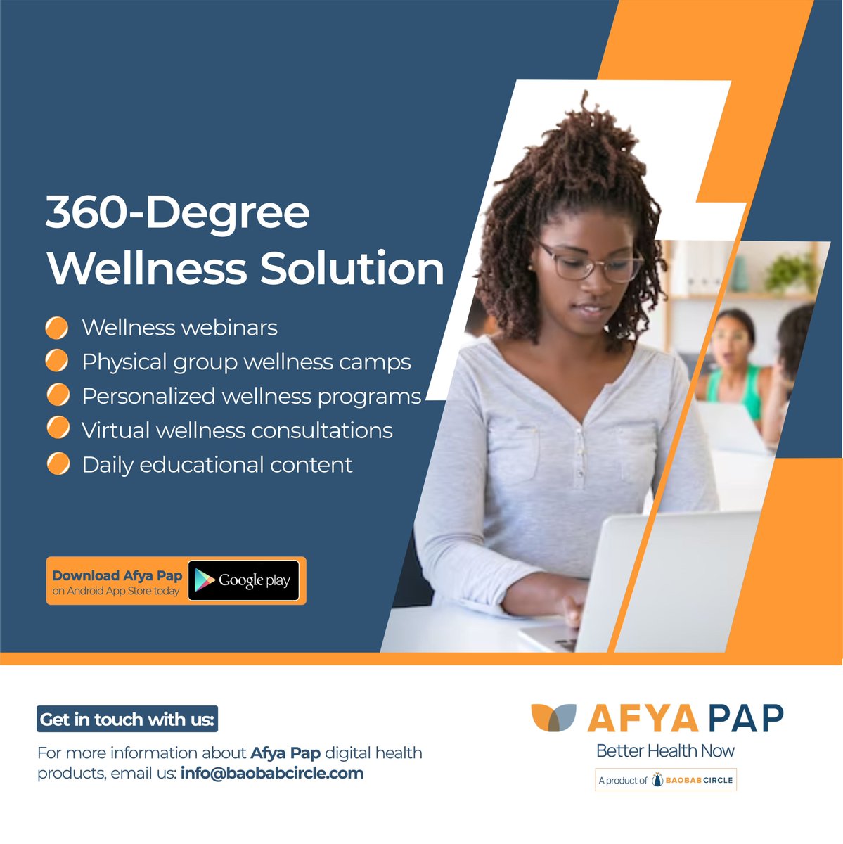 Afya_Pap's tweet photo. With our 360-degree approach, you are guaranteed employee wellness and overall motivation. Talk to us today: info@baobabcircle.com

#afyapap #employeewellness #wellnesssolution #digitalwellness https://t.co/LsCEJQW1Ub