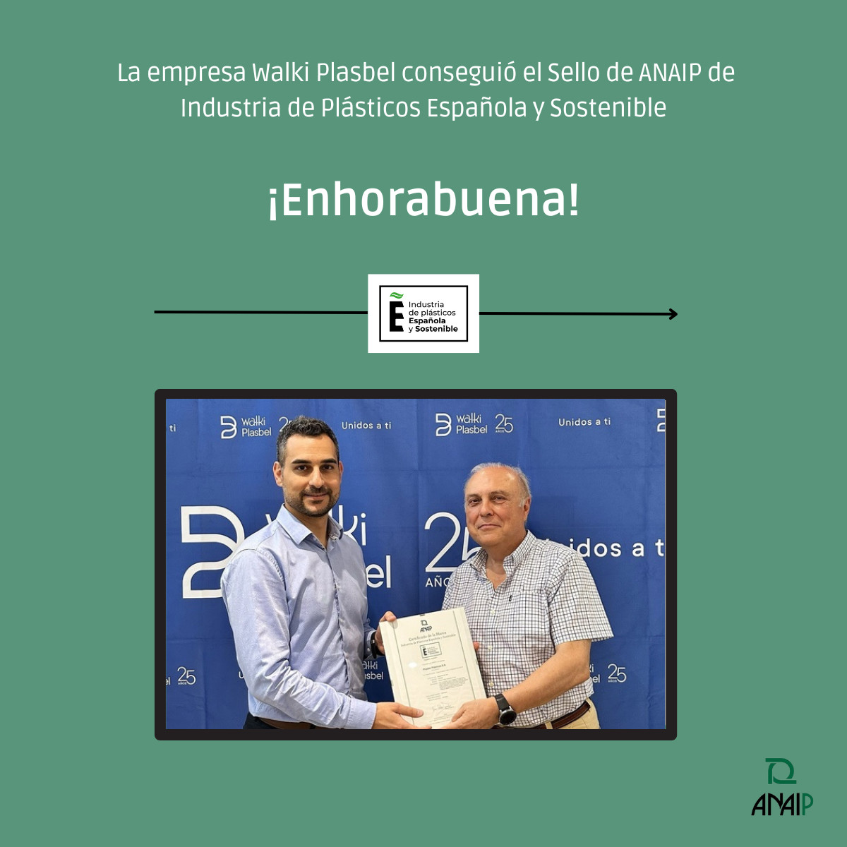 ANAIP_es's tweet photo. Walki Plasbel consigue el Sello de #ANAIP de Industria de Plásticos Española y Sostenible, un reconocimiento al esfuerzo de las empresas que trabajan los tres ejes de la sostenibilidad: medioambiental, económico y social. Enhorabuena a todo el equipo 👏
https://t.co/SrXzoz1W2V https://t.co/3J1A5xsqYV