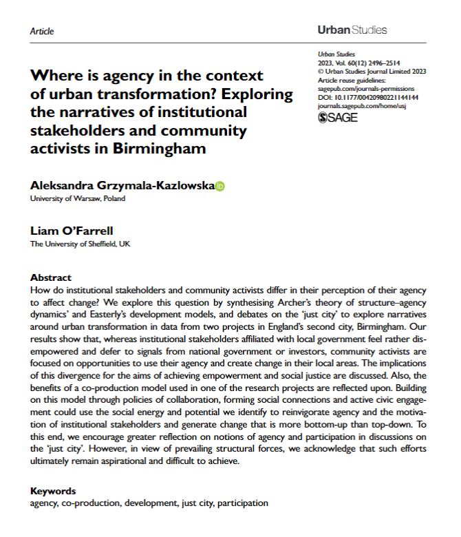 USJ_online's tweet photo. Where is #agency in the context of #UrbanTransformation? Exploring the narratives of institutional stakeholders and #CommunityActivists in Birmingham by @Kazlowskaa and Liam OโFarrell
https://t.co/7qixbEXOnK https://t.co/tIyzvDLIcH