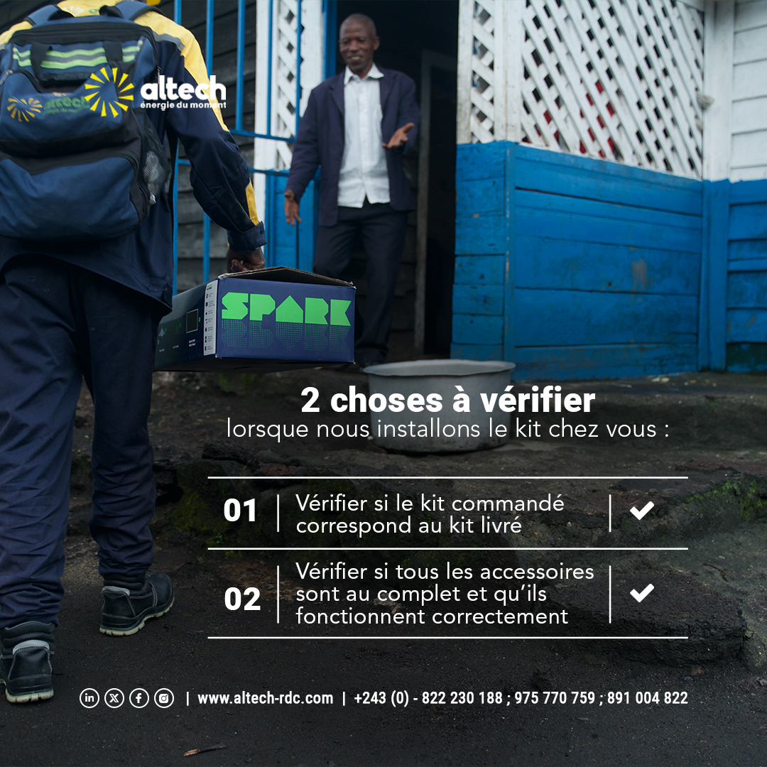 2 choses à vérifier lorsque nous installons un kit Altech chez vous ⚡️

Pour plus de renseignements, contactez-nous au au: 0975770759 / 0891004822 / 0822230188

#energiedumoment #énergiesolaire #kitssolaires #AltechRDC #DRCongo