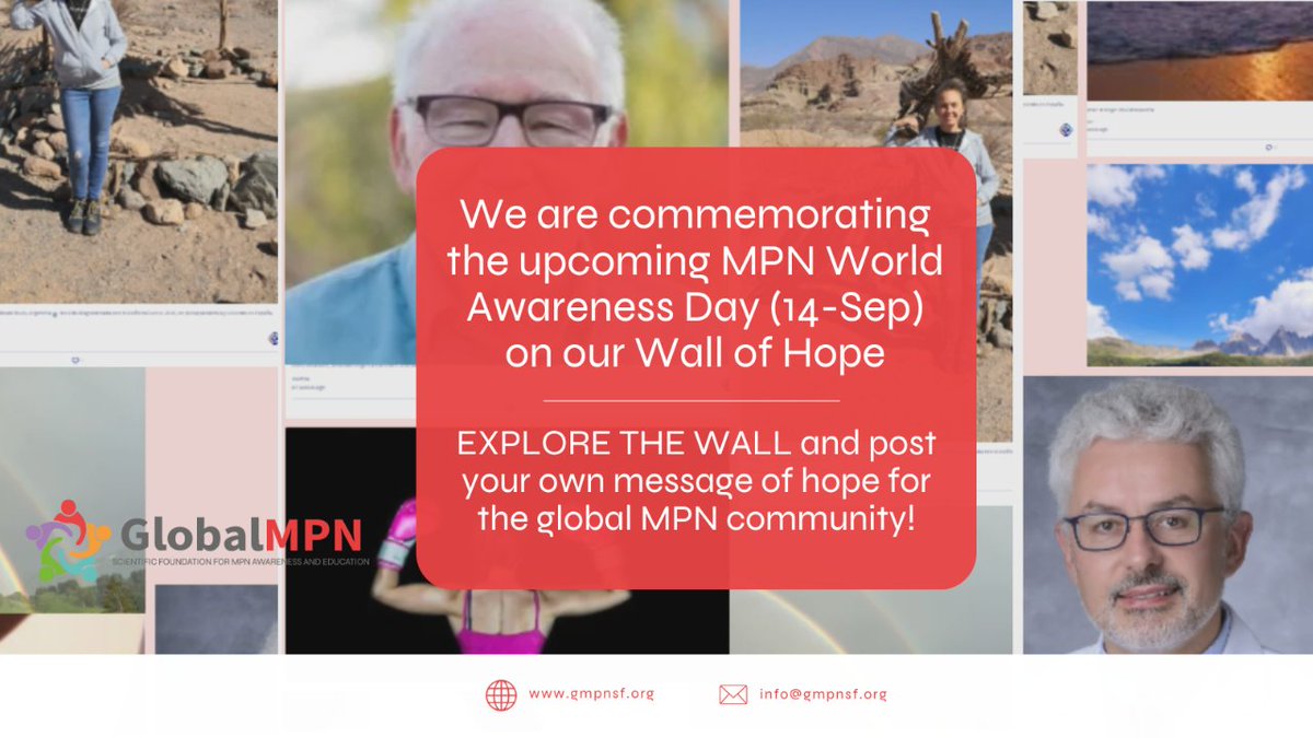 gmpnsf's tweet photo. 📆 Only 1 week until #MPNAwarenessDay (Sep 14)!🩸 Join us on our Wall of Hope and share a message to raise awareness for the MPN community. Together, let's make a difference in the lives of those affected by MPNs
🌐Visit our wall: https://t.co/eCXXFwLdKN
#MPNsm #buildhopeMPN https://t.co/ta4ithksbB