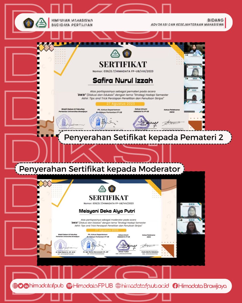 himadatafpub's tweet photo. Bidang Advokasi dan Kesejahteraan Mahasiswa HIMADATA FP UB telah selesai melaksanakan kegiatan DIKSI (Diskusi dan Edukasi) 2023 yang dilaksanakan pada tanggal 27 Agustus 2023 melalui Zoom Meeting. https://t.co/nqPiac6XTz