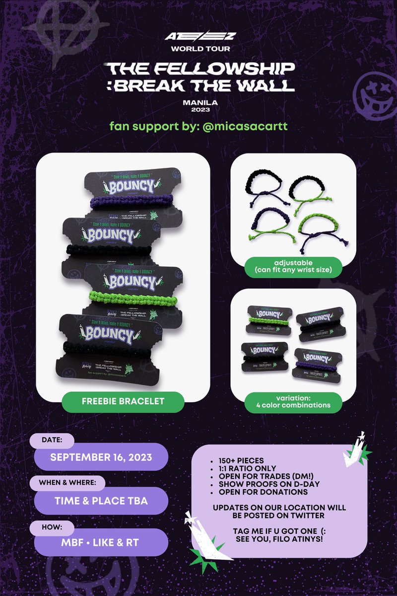 micasacartt's tweet image. 🏴‍☠️ ATEEZ Break the Wall in Manila Concert FREEBIES 🏴‍☠️

🌶 giving away over 150+ pcs. of adjustable bracelets
🌶 1:1 ratio
🌶 how to claim – mbf, like &amp;amp; rt
🌶 where &amp;amp; when – tba
🌶 open for trade! dm me (:

#Break_The_Wall_MNL #FilotinyFreebies  #Break_The_Wall #ATEEZ #에이티즈