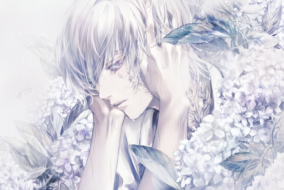 1boy male focus flower solo white hair rain hydrangea  illustration images