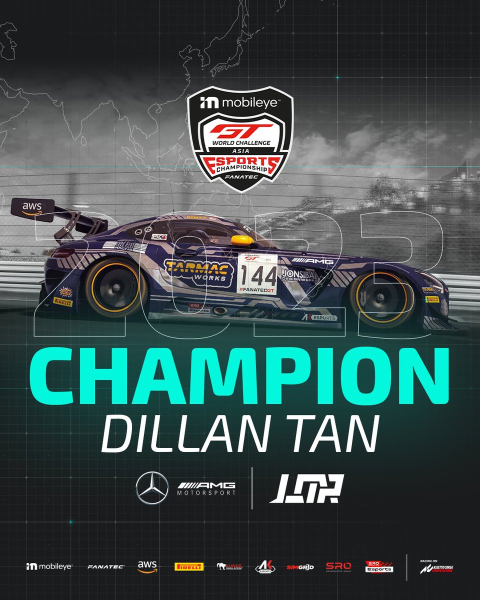 AKEsportsIT's tweet photo. Dillan Tan is the Champion of the Mobileye GT Esports Asia Sprint Series! 🏆 
Congratulations, well deserved🍾

@Mobileye @GTWorldChAsia @fanatec @awscloud @pirellisport @sim_grid 

 Organized by SRO Esports and @AKEsportsIT on @AC_assettocorsa Competizione     

 #SROesports #AKesports #GTWorldChAsia #beACC