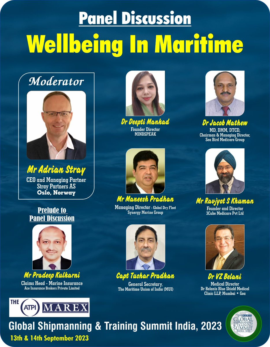 Looking forward to a thought provoking session on Wellbeing in Maritime at the Global Ship Manning &amp; Training Summit India 2023.
