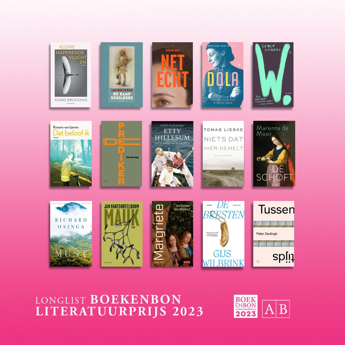 Alle genomineerde schrijvers: Femke Brockhus, Jan Brokken, <a href="/SaskiadeCoster/">saskia de coster</a>, Mirjam van Hengel, Tiemen Hiemstra, <a href="/RoxanevanIperen/">Roxane van Iperen</a>, Cor de Jong, Judith Koelemeijer, Tomas Lieske, Marente de Moor, @Ezelhaar, Jan Vantoortelboom, <a href="/KathVereecken/">Kathleen Vereecken</a>, @GijsWilbrink en @PZantingh!