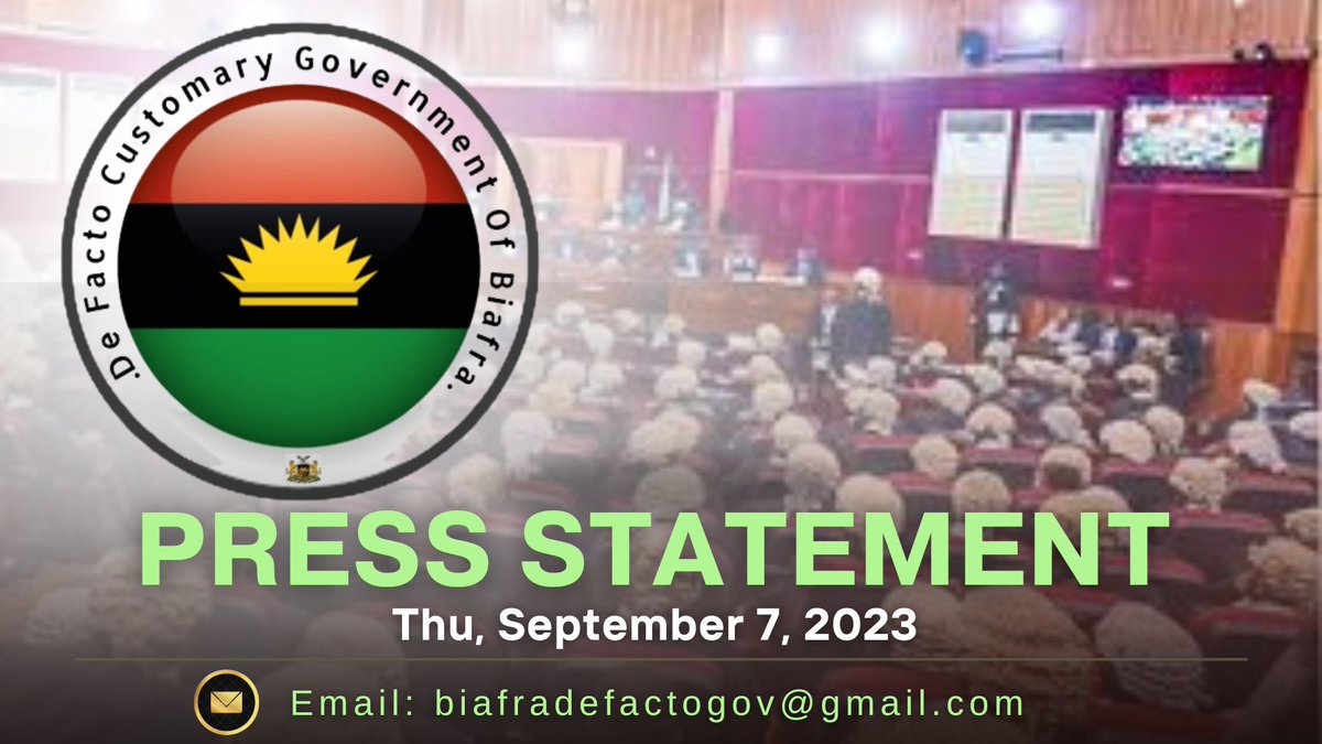 BiafraHuman's tweet photo. PRESS STATEMENT
Thur, September 7, 2023
NIGERIA PEPT JUDGEMENT SHOCKED THE FOUNDATION OF RULE OF LAW - BDFCG
https://t.co/BFdGKk87vt
#PEPT #JudgementDay #AllEyesOnTheJudiciary #Biafra #BDFCG #IBNM #BHFR #BiafraHRA #NigeriaInjustice https://t.co/R7URFULYUl