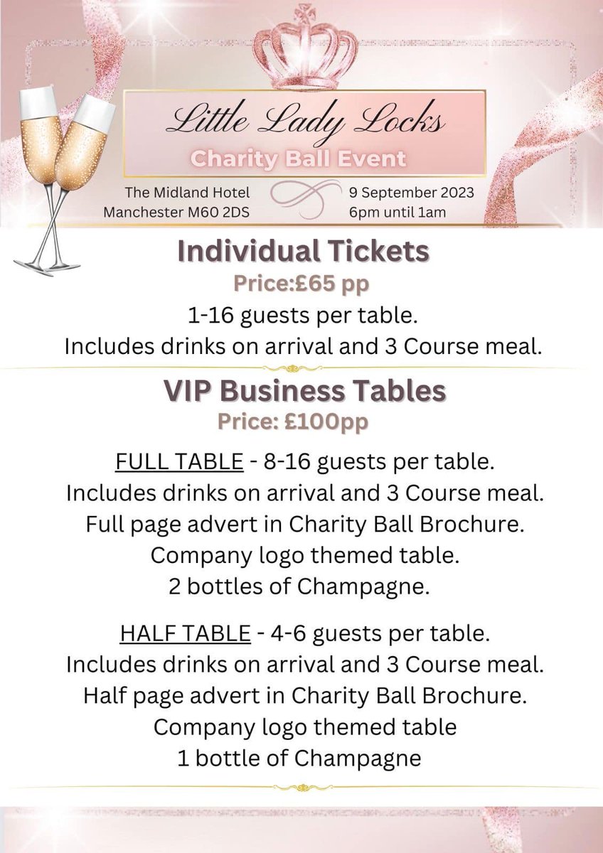 Not long before the #CHARITY BALL EVENT held at
The Midland Hotel Manchester M60 2DS all proceeds go to #LittleLadyLocks

Only 48hrs to go before the #BIGDAY so book your tickets TODAY!