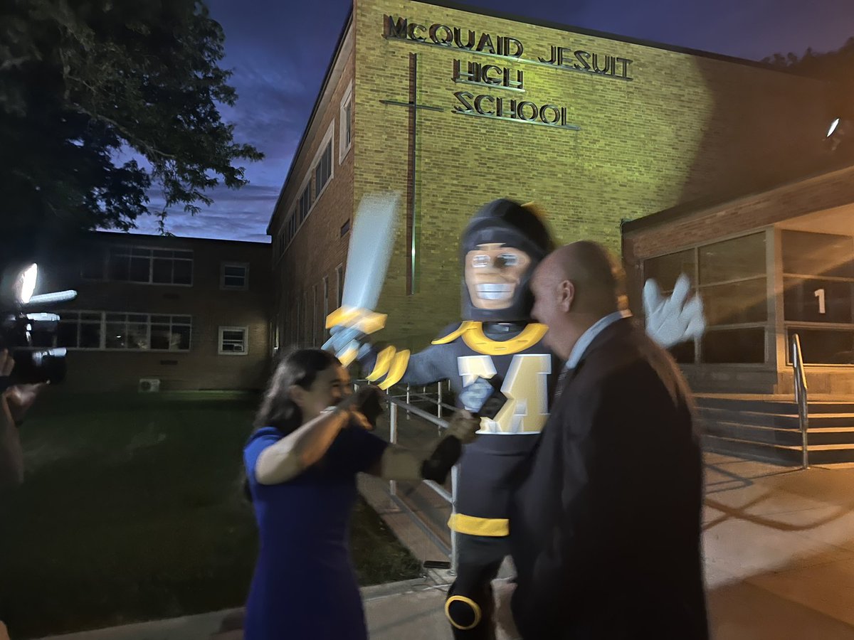 McQuaidJesuit's tweet photo. A new school year, a new mascot here at McQuaid-doing the morning show @News_8 @HaydenWentwor #AdvancingForward https://t.co/D3el9sh8DI