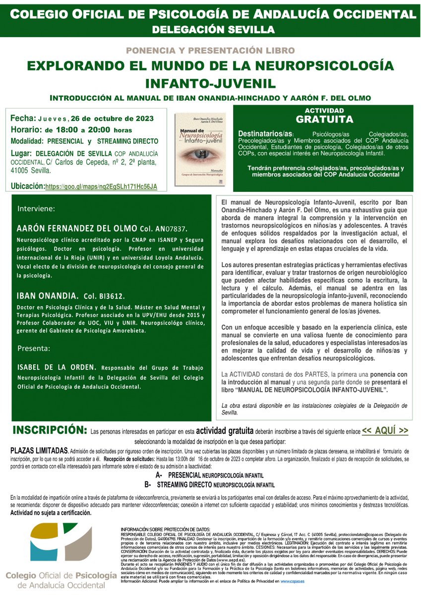 Este 26 de octubre presentamos nuestro libro en streaming y presencial en el colegio oficial de psicólogos de andalucía occidental. Hablaremos de neuropsicología infanto-juvenil, como no podía ser de otra manera! 

Para apuntaros, este formulario
formularios.copao.es/index.php/5166…