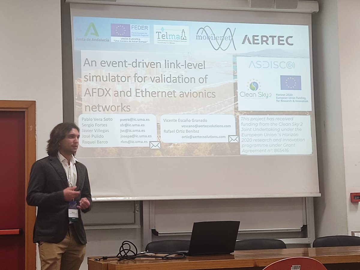 MobilenetUMA's tweet photo. @MobilenetUMA and @AERTECsolutions are present these days at @EASN_Conference showing their joint work "An event-driven link-level simulator for validation of AFDX and Ethernet avionics networks" developed in the framework of #H2020 #CleanSky2 AS-DISCO project. https://t.co/iehR8seOk1