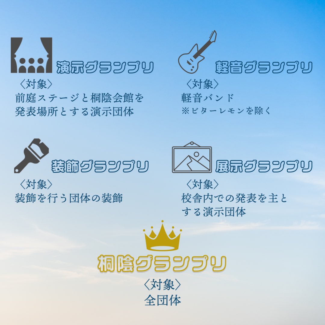 toin_fes's tweet photo. 【グランプリ】
今年度は、「生徒同士が互いの企画を称え合い、また高め合う機会をつくる」ことを目的に、以下5部門を対象としたグランプリを開催します！
外来者の方は受付で渡される投票用紙での投票をお願いします🗳️
たくさんの投票お待ちしています！
#桐陰祭 #桐陰祭2023 https://t.co/XZkxw4OVUL