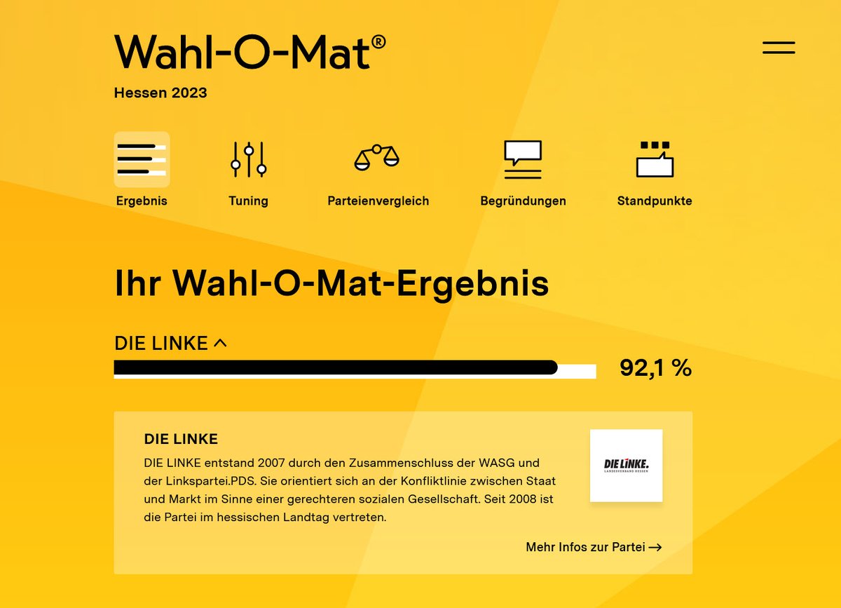 Passt.

Und Ihr so? ⬇
wahlomat.spiegel.de/2023HE/