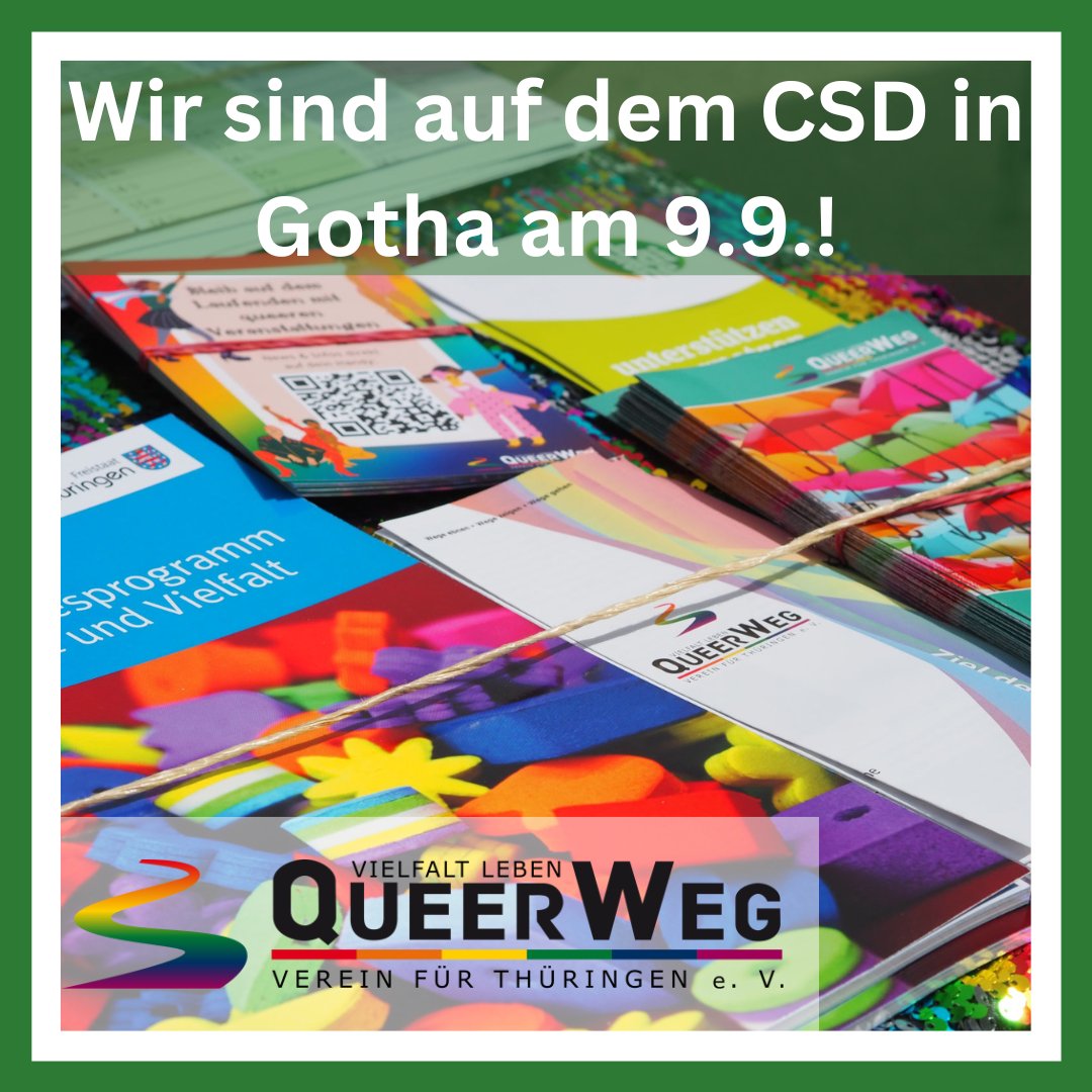 QueerWeg's tweet photo. Am kommenden Samstag findet der zweite #CSD in #Gotha statt 🥳! Der #QueerWeg ist auch vertreten mit einem Stand auf dem Straßenfest. Kommt vorbei, wir freuen uns auf euch und auf die Gespräche mit euch am Stand #CSDGotha! #VielfaltinThueringen #QueerWegWirkt #Thüringen 1/2 https://t.co/DGf7UmljLD