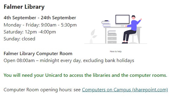 Falmer library opening times for September 2023/24 the new academic year - looking forward to seeing you all!