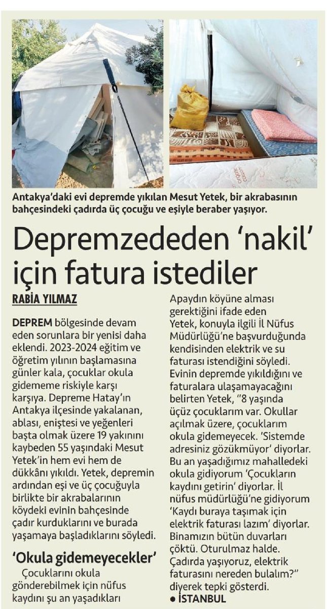 Çadırda yaşayan depremzede, çocuğu okusun, okula gitsin istiyor. Milli Eğitim ise nakil işlemi için çadırda yaşayan insanlardan elektrik faturaaı istiyor!

📰Evrensel