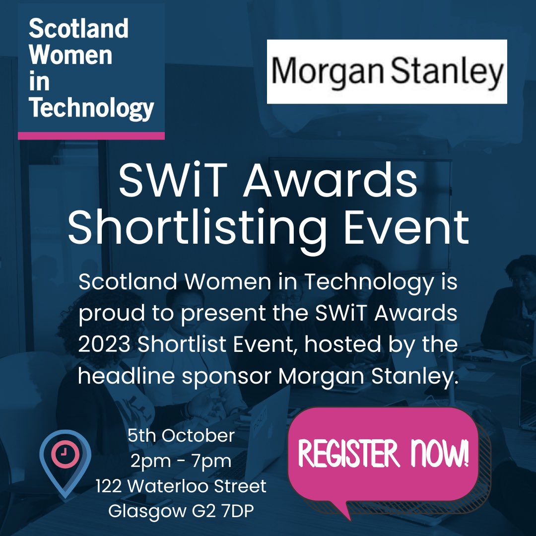 We are delighted to reveal the shortlist for the SWiT Awards 2023! 🎉 Join us on 5 October from 2-7pm, hosted by our headline sponsor @MorganStanley  in Glasgow, for a mini tech conference world. 

Places are limited so book early 👉
eventbrite.co.uk/e/698913969497/

#SWiTAwards2023