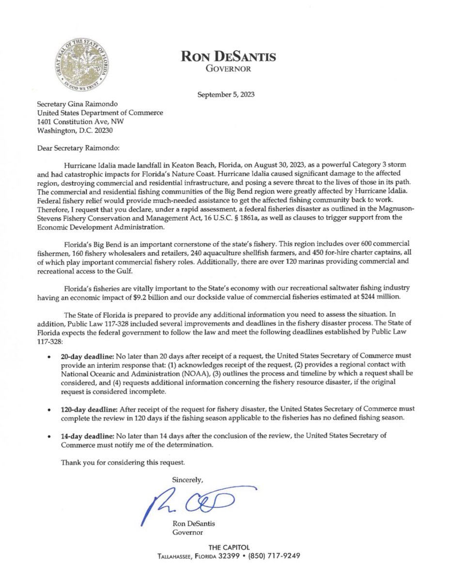 .@CommerceGov needs to approve @GovRonDeSantis request for a fisheries disaster from Idalia. Fishing and aquaculture are huge economic drivers for this region. I saw with Hurricane Michael how hard it is for these businesses to get back on their feet. This needs to move fast!