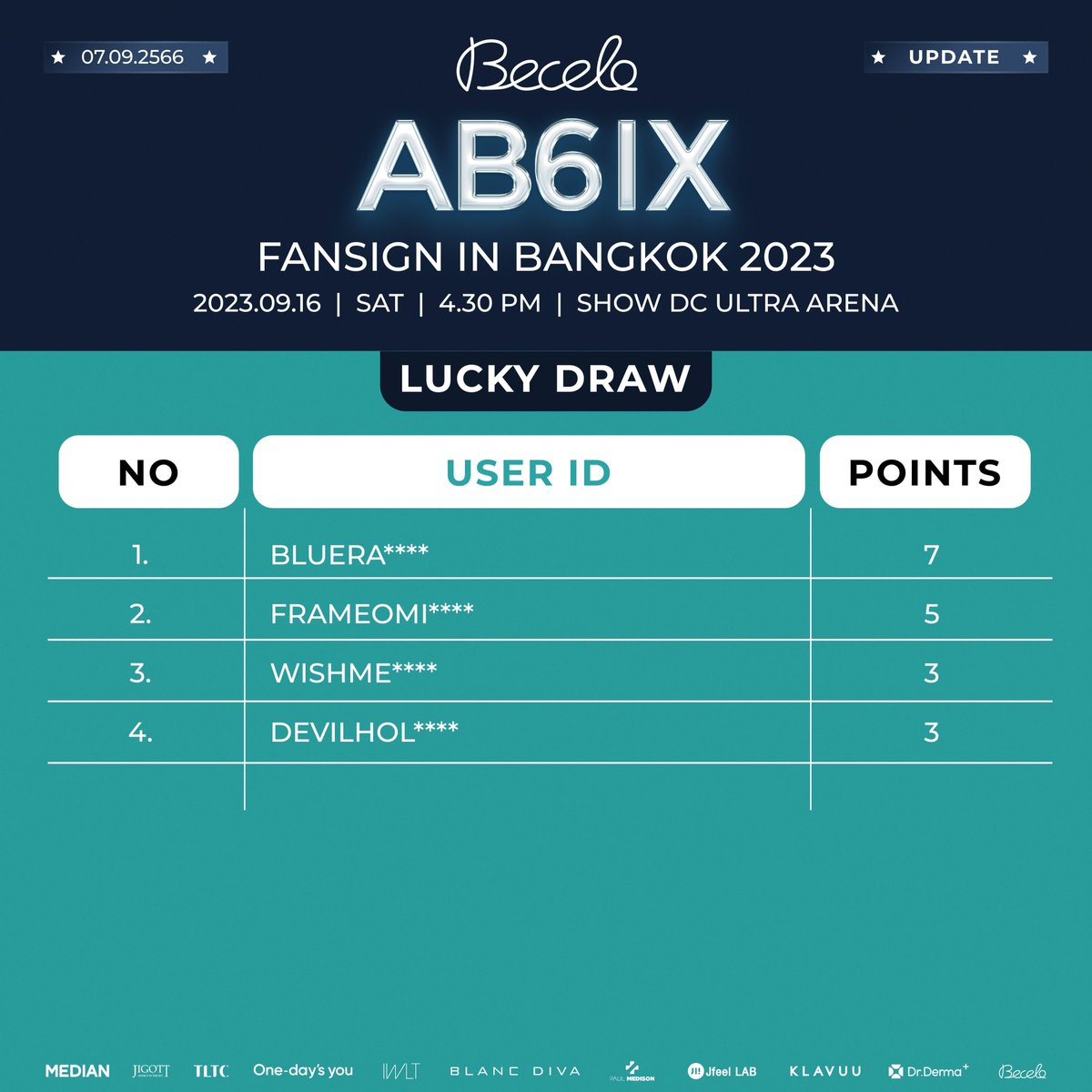 Becelo_th's tweet photo. ✨อัพเดทสิทธิ์ Lucky Draw ลุ้นเข้างานแฟนไซน์ และบัตร World Tour จากวง AB6IX ประจำวันที่ 7 ก.ย. 66

ร่วมกิจกรรมตั้งแต่วันนี้ - 11 ก.ย. 66 เวลา 14.00 น.

#Becelo #AB6IX #에이비식스 #AB6IXFansignInBKK2023 https://t.co/K2cSRFtrsw