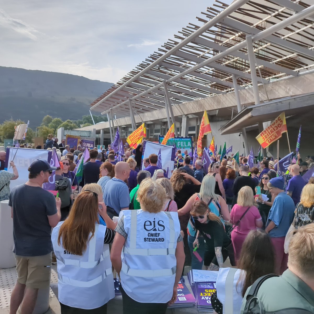 Huge show of support for @EISFela rally at Scottish Parliament Branches from all over the country demanding #FundFairPay #ProtectJobs We don't trade jobs for money #WorkersUnited