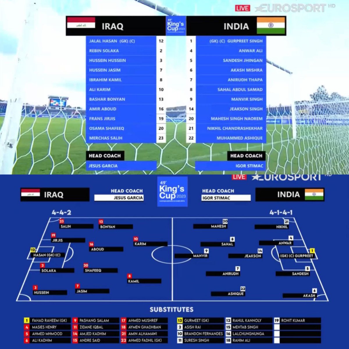 InsideSportIND's tweet photo. The starting XI's and substitutes of both the teams 🔥⚽

📸:- Eurosport HD 

#KingsCup2023 #INDvIRQ #IndianFootball #Insidesport #football https://t.co/jNqCgXWUUK