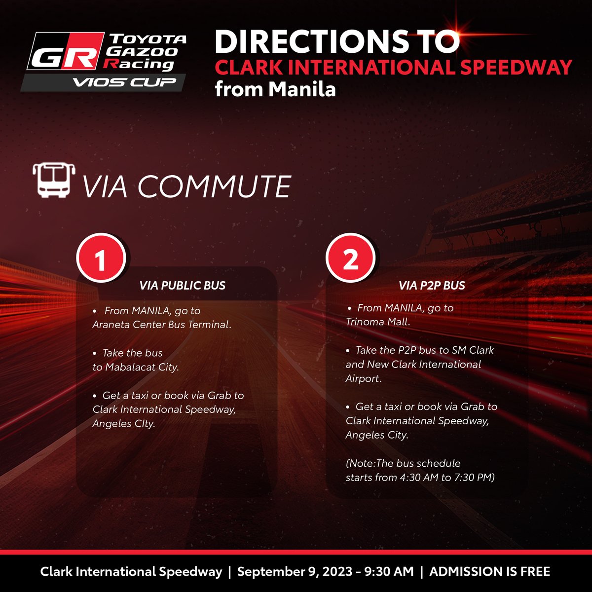 Race 2 the season of GReatness! But first, don't forget to bring these circuit must-haves on your way to the #TGRViosCup2023 Leg 2! Admission is FREE! Check out this quick travel guide on how to get to Clark International Speedway this September 9 via public or private transport