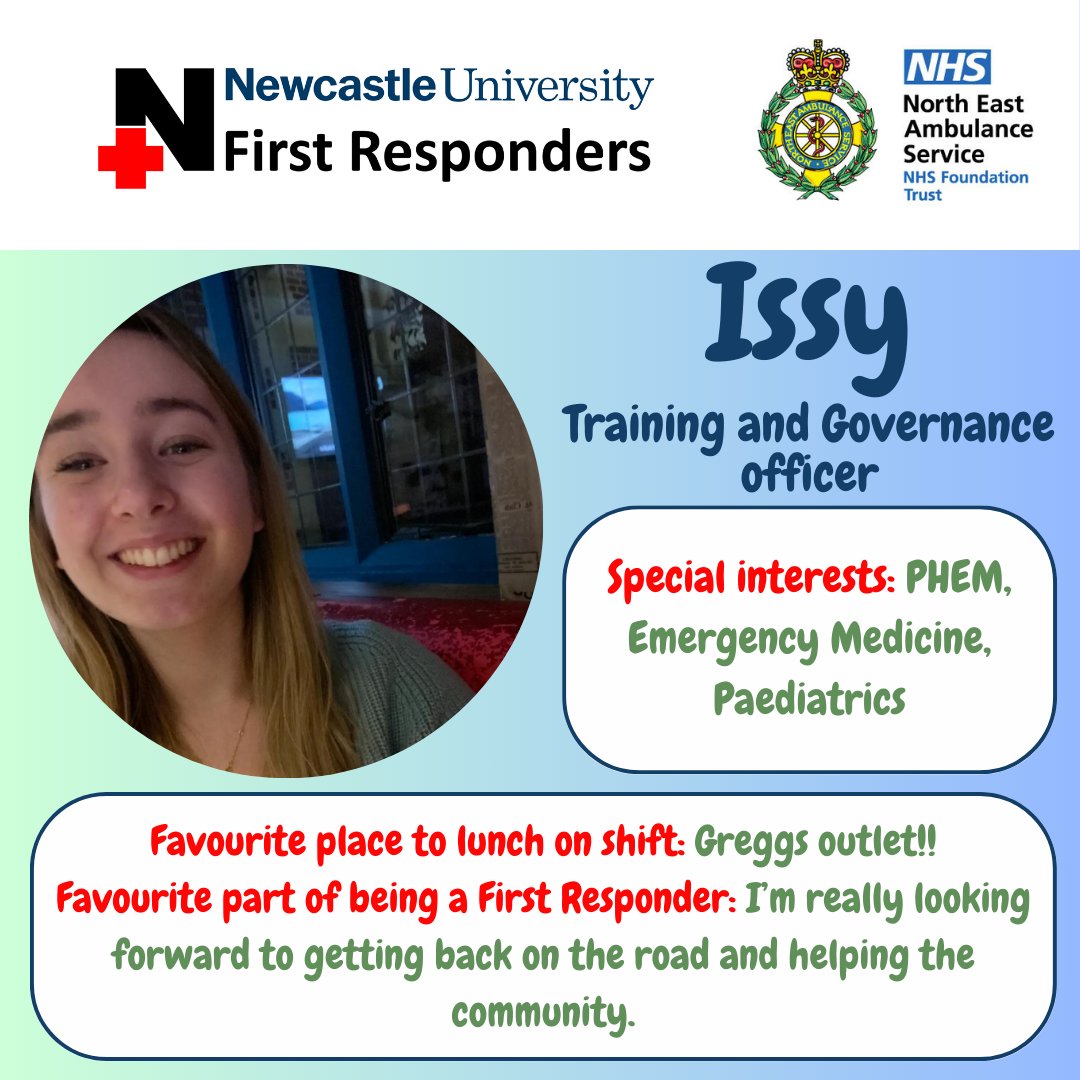 🚑 Meet the committee: 23/24 🚑

Next up, we’re meeting our training and governance officer - Issy! 📈

#nufr #neas #northeastambulanceservice #newcastleuniversity #newcastleuni #newcastlemedicalschool #newcastleupontyne #communityfirstresponder #firstresponder #firstaid