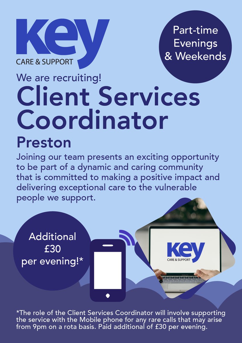 #prestonjobs #lancashirejobs Due to continued growth, Key Care & Support are delighted to recruit a Client Services Coordinator to join our extended services team. Job description and apply here: keycareandsupport.com/jobs/ooh-prest…