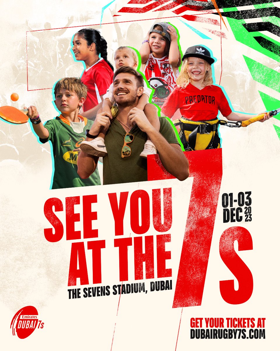 The Emirates Dubai 7s festival tickets are LIVE! 🎉 

Dubai 7s is equipped with everything you need to entertain the kids all day long, with family-friendly fun 🙌

Get your tickets at dubairugby7s.com or via the Emirates Dubai 7s app.

See you at the 7s!

#Dubai7s