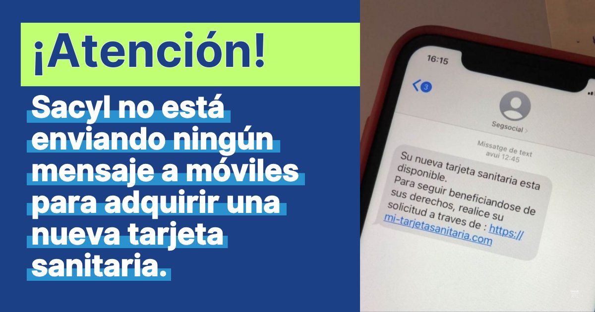 Salud_JCYL's tweet photo. ¡ATENCIÓN! 👇 👇 👇
🔴 🔴 🔴 Sacyl no está enviando ningún mensaje a móviles para adquirir una nueva tarjeta sanitaria. Si lo recibís, no lo abráis ⛔. Podría tratarse de una estafa. #sacyl #jcyl #CastillayLeón https://t.co/BAXnESPmle