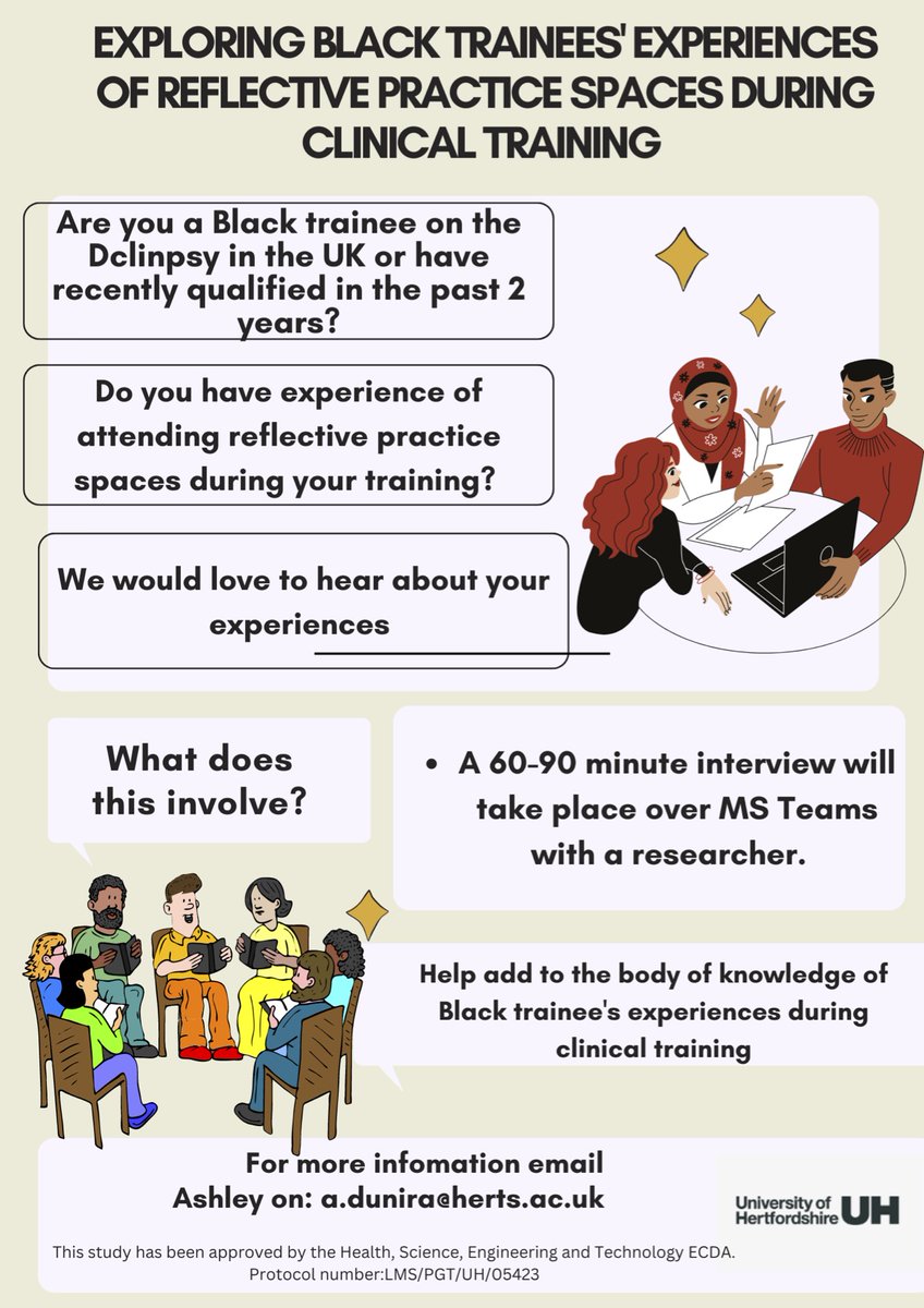 I am recruiting for my major research study looking at Black Trainee's Experiences of Reflective Practice Spaces on the DClinPsy in the UK. If interested, please get in touch : a.dunira@herts.ac.uk #dclinpsy