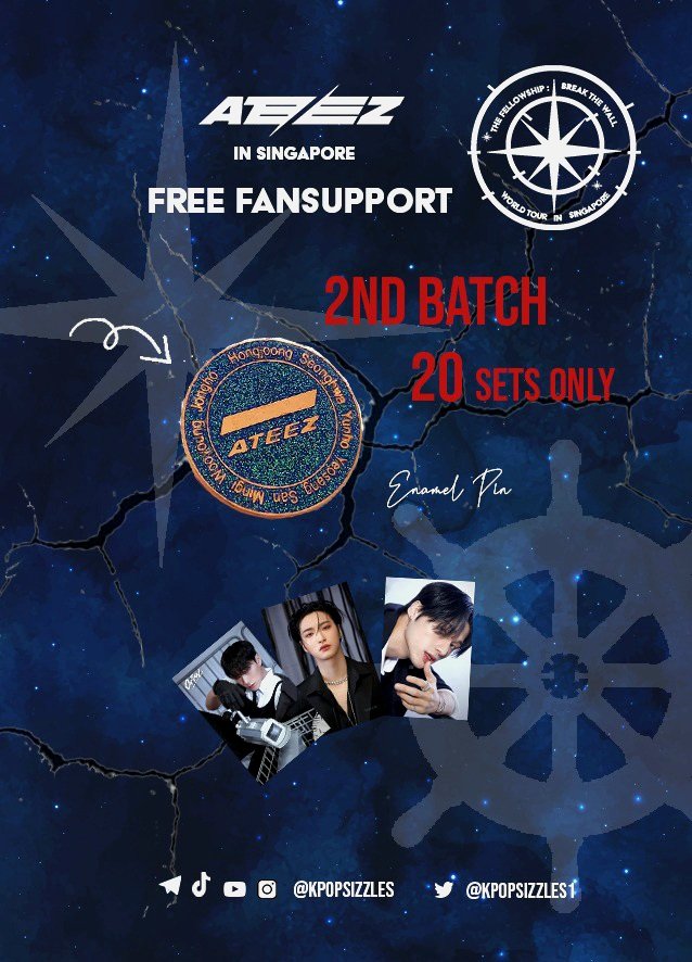 Kpopsizzles1's tweet photo. Ateez nation! Calling for Atinys. 
FREE. FREE. FREE.
Lai Lai come &amp; take
2nd batch - Emblem pins. 
#ateez #hongjoong  #san #yeosang #seonghwa  #ateezworldtour
#TheFellowshipinSingapore
#Break_The_Wall_in_SG
#BreakTheWallTour2023
#Break_The_Wall_SG 
#ATEEZinSG #ATEEZINSINGAPORE https://t.co/9kae1u2Z2E