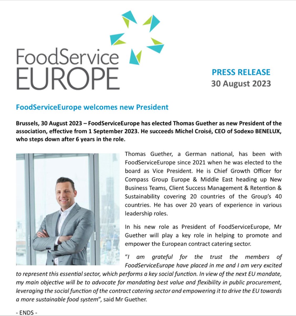 We are glad to announce that @GuetherThomas has been elected new President of our association. He will play a key role in helping to promote and empower the European #ContractCatering sector. Read more👉tinyurl.com/3fsbkax7
