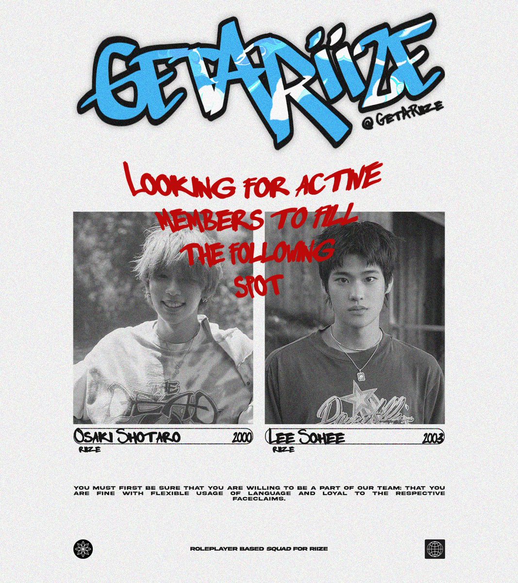 GetARiize's tweet photo. We’re sending our friendly hello your way. We, Get A Riize, are searching for our missing boys, aiming to fill these positions (Shotaro &amp; Sohee), and uniting the squad. Register down below, we’re counting on your participation. (Lend us a hand by reposting this!) https://t.co/1No8wOfkeC
