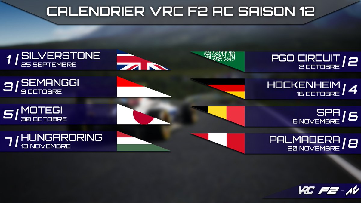VirtualRacersCo's tweet image. 🏁🔴🔵F1 ET F2 SAISON 12 - SAISON FINALE

Voici notre dernière saison en F1 et F2, une douzième saison que nous avons la joie de vous faire découvrir ! 

8 courses dès le 25 Septembre avec des monstres de performances 🏎️

Informations sur le Discord VRC : discord.gg/sbJ6wPv