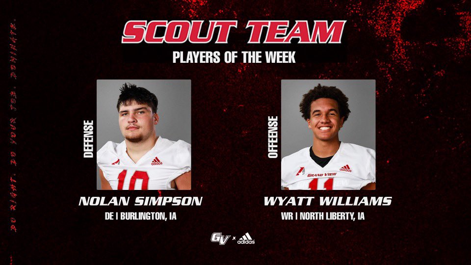 Congrats to our Scout Team Players of the Week from Week 1! 

Offense: Wyatt Williams
Defense: Nolan Simpson

#3D