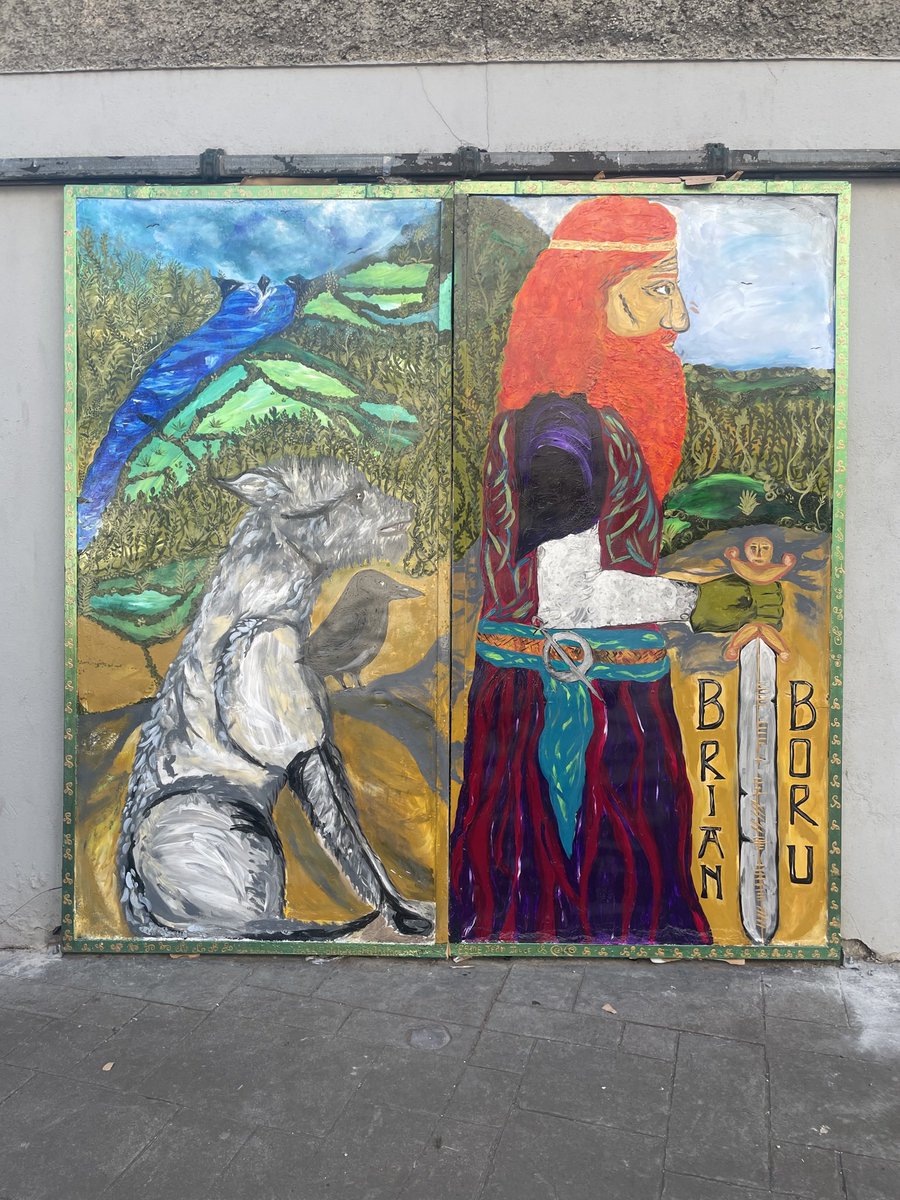 KillaloeCC's tweet photo. On Sunday 3rd Sept we unveiled our PRISM Street Art project. KING depicts Brian Ború, Killaloe’s famous son &amp; High King of Ireland 1002-1014. Our wonderful local artist Eilish Tuite identified the old Cinema gates as the perfect canvas. 🙏 to @ClareArtsOffice &amp; @creativeirl https://t.co/yfQtuoPE5R