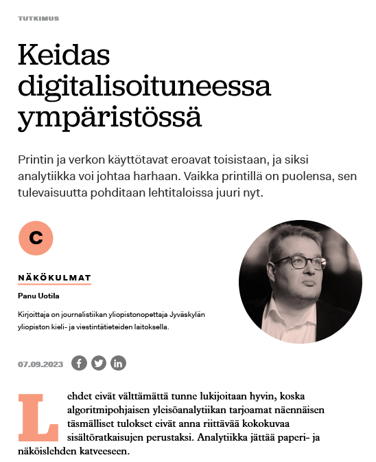 Kertooko analytiikka tosiaankin "rehellisesti", miten ihmiset lukeva uutisia? Panu Uotila <a href="/uniofjyvaskyla/">University of Jyväskylä</a> ja Tuulia Viitanen <a href="/hameensanomat/">Hämeen Sanomat</a> ruotivat kirjaamme Mä lehden luin. suomenlehdisto.fi