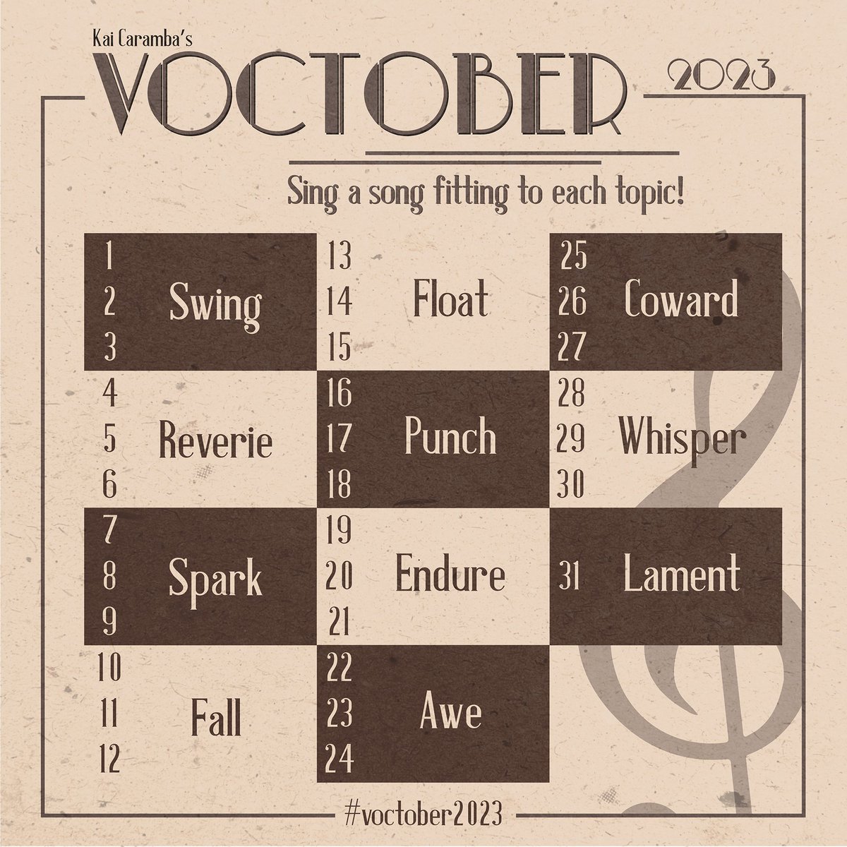 ✨ VOCTOBER 2023 ✨

The yearly vocal October challenge! (despite that, though, any medium of art is welcome to be posted under the hashtag) 

More info about the #voctober2023 challenge in this thread! 🧵