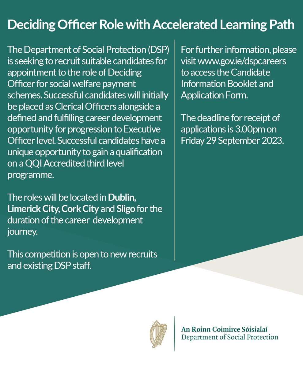 welfare_ie's tweet photo. 📢The Department of Social Protection is seeking to recruit suitable candidates for appointment to the role of Deciding Officer with Accelerated Learning Path as part of an exciting new traineeship programme.

ℹ For further information, please visit  https://t.co/sZ6Jbmshcx https://t.co/rAPENmEMub