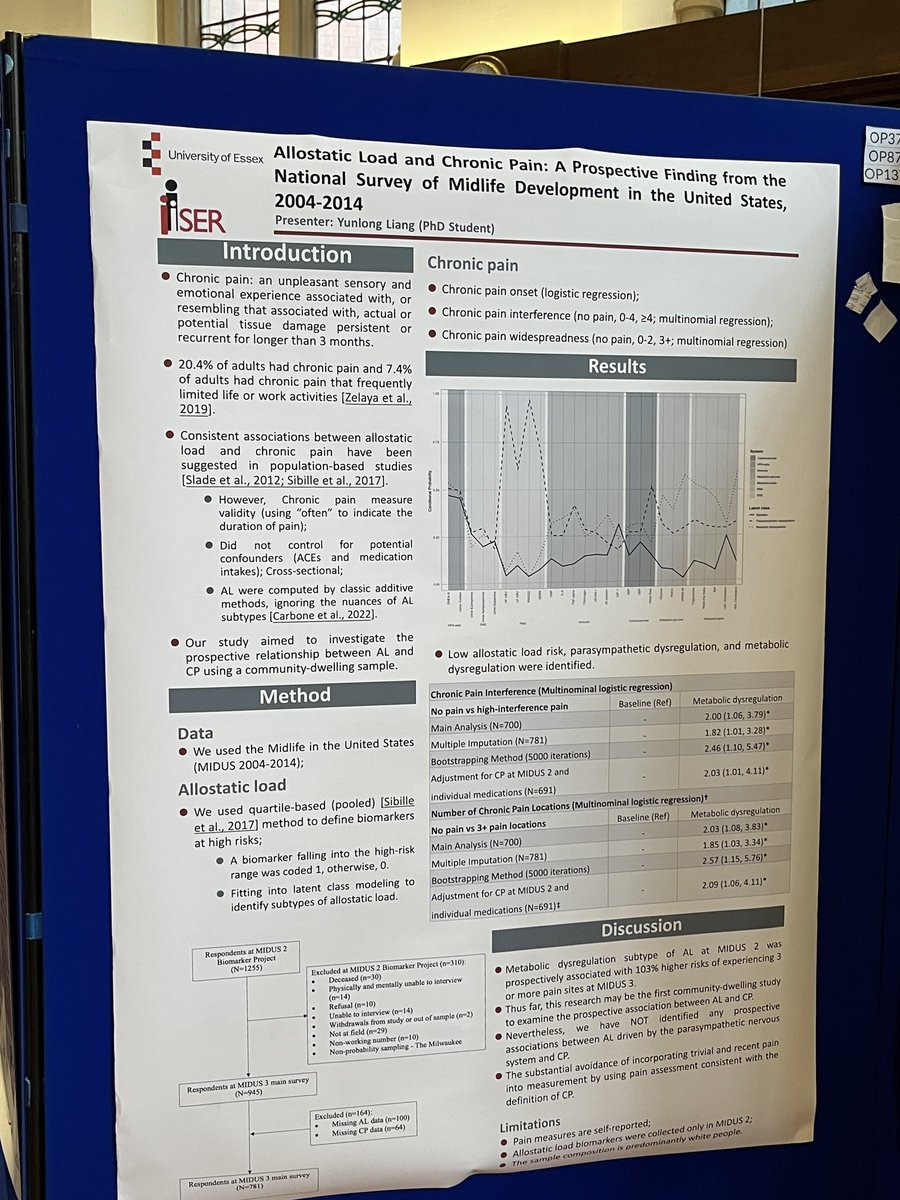🧧 Sharing my PhD research on the prospective association between allostatic load and chronic pain at #SSM2023 today. If you are interested in social determinants of chronic pain or biomarkers in population-based surveys, please drop by. @SocSocMed @ECR_SSM @iseressex