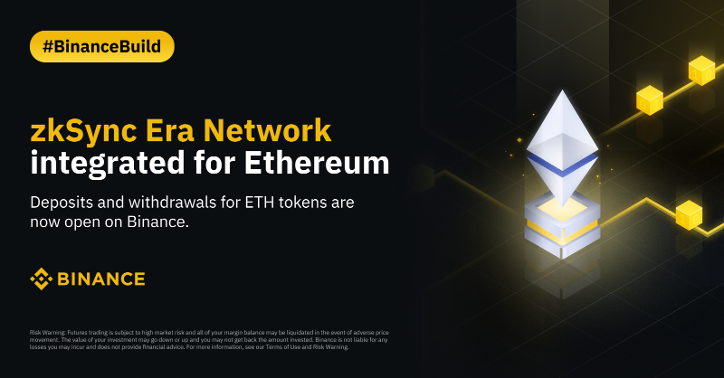 binance's tweet photo. #Binance completes the integration of Ethereum $ETH on the zkSync Era network. 

Deposits and withdrawals for #ETH tokens on the zkSync Era network are now open.

Find out more below.