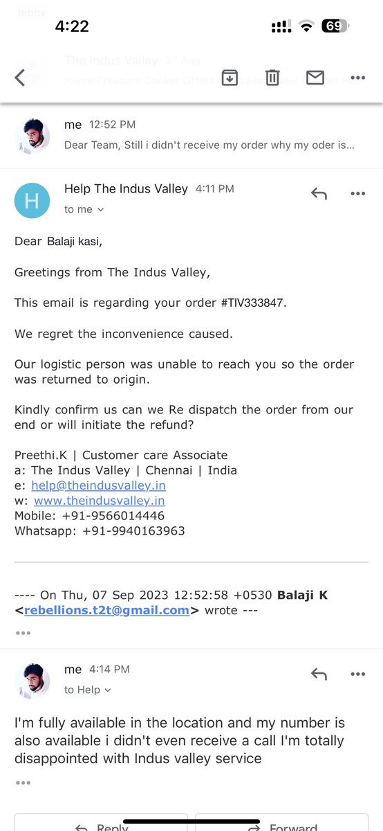 @_TheIndusValley worst service didn't even receive a call but it was mentioned as i was unavailable but in delivery portal it was mentioned as undelivered due to damaged shipment #disappointed  with the false information